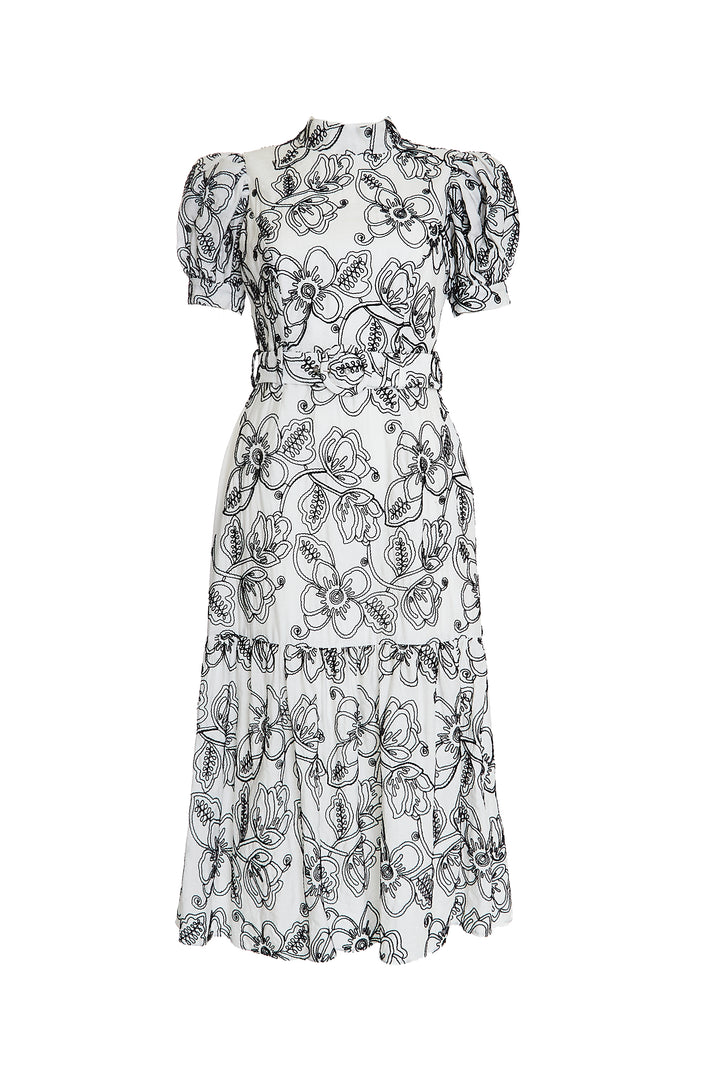 Helena White Corded Flower Midi-Dress