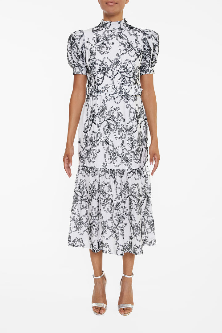Helena White Corded Flower Midi-Dress