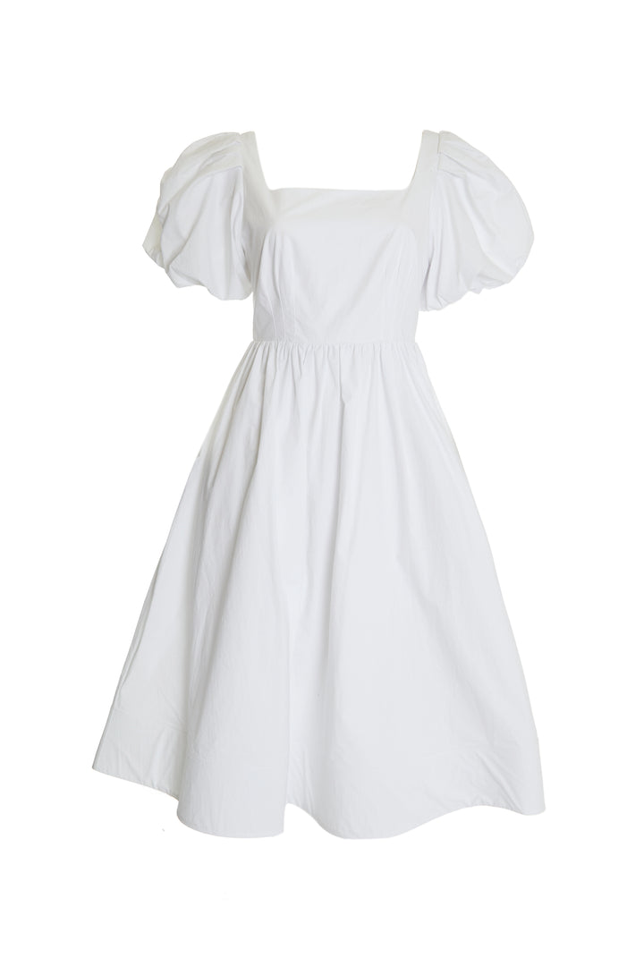 Madison White Puff-Sleeve Corset Midi Skater-Dress