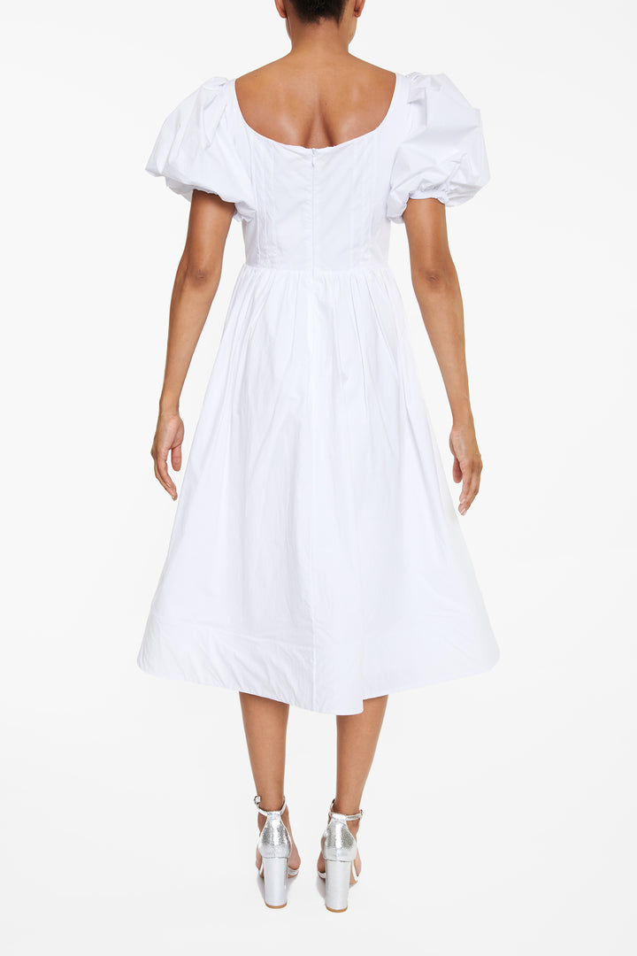 Madison White Puff-Sleeve Corset Midi Skater-Dress