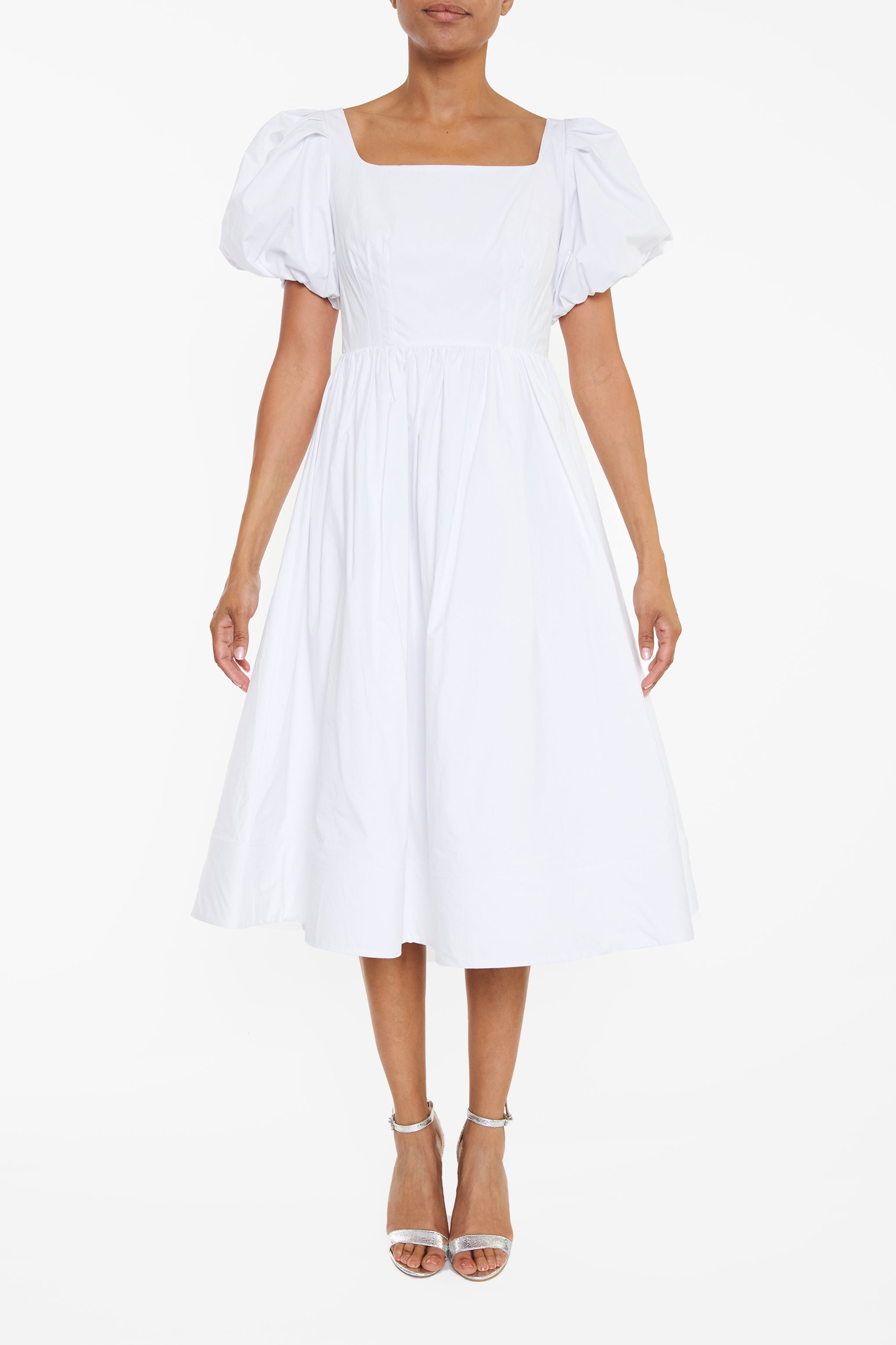 Madison White Puff-Sleeve Corset Midi Skater-Dress