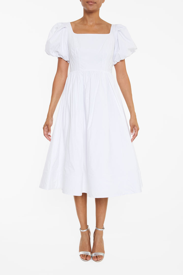 Madison White Puff-Sleeve Corset Midi Skater-Dress