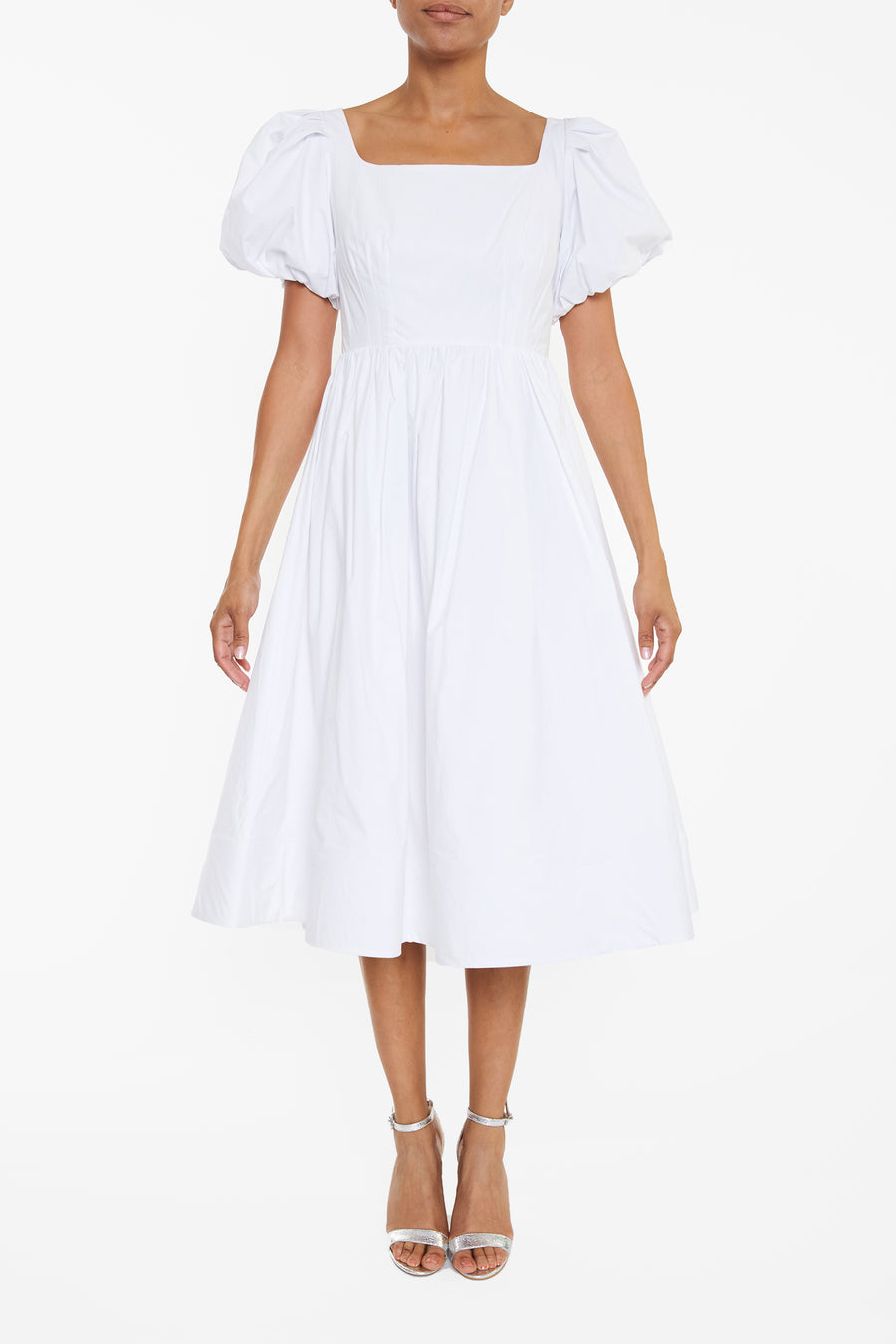 Madison White Puff-Sleeve Corset Midi Skater-Dress