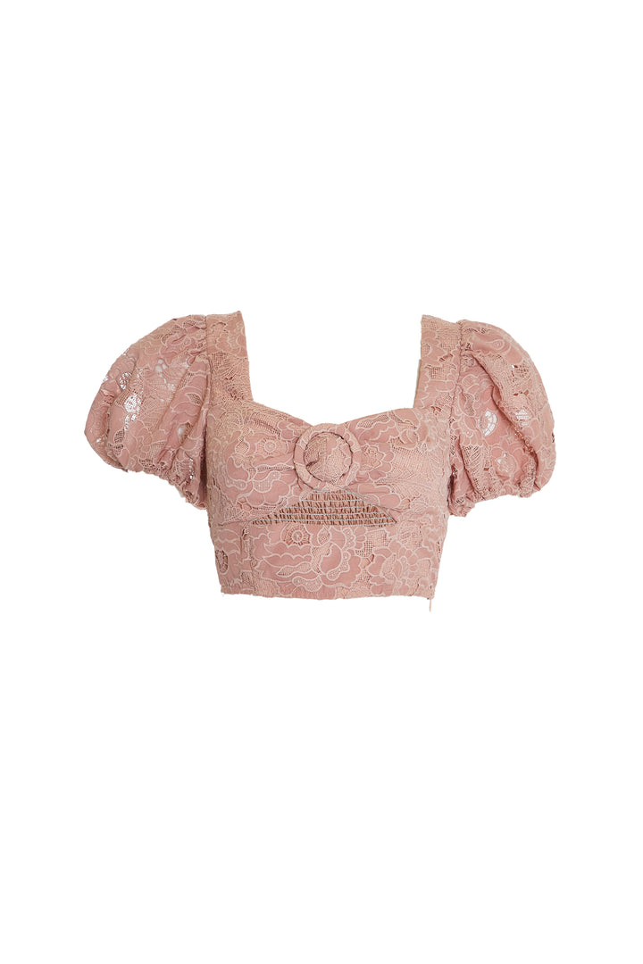 Rosalia Co-Ord Dusty Pink Cutwork Cut-Out Puff Sleeve Crop-Top