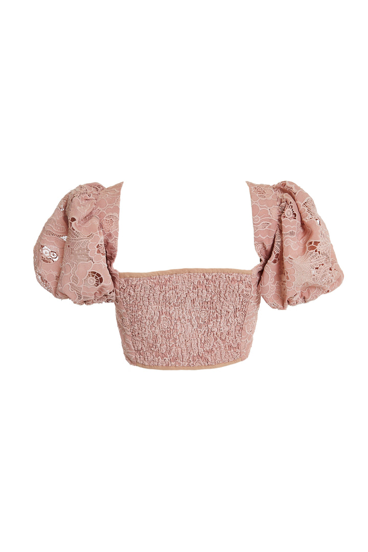 Rosalia Co-Ord Dusty Pink Cutwork Cut-Out Puff Sleeve Crop-Top