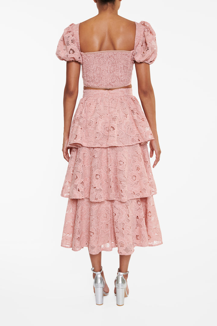 Rosalia Co-Ord Dusty Pink Cutwork Cut-Out Puff Sleeve Crop-Top