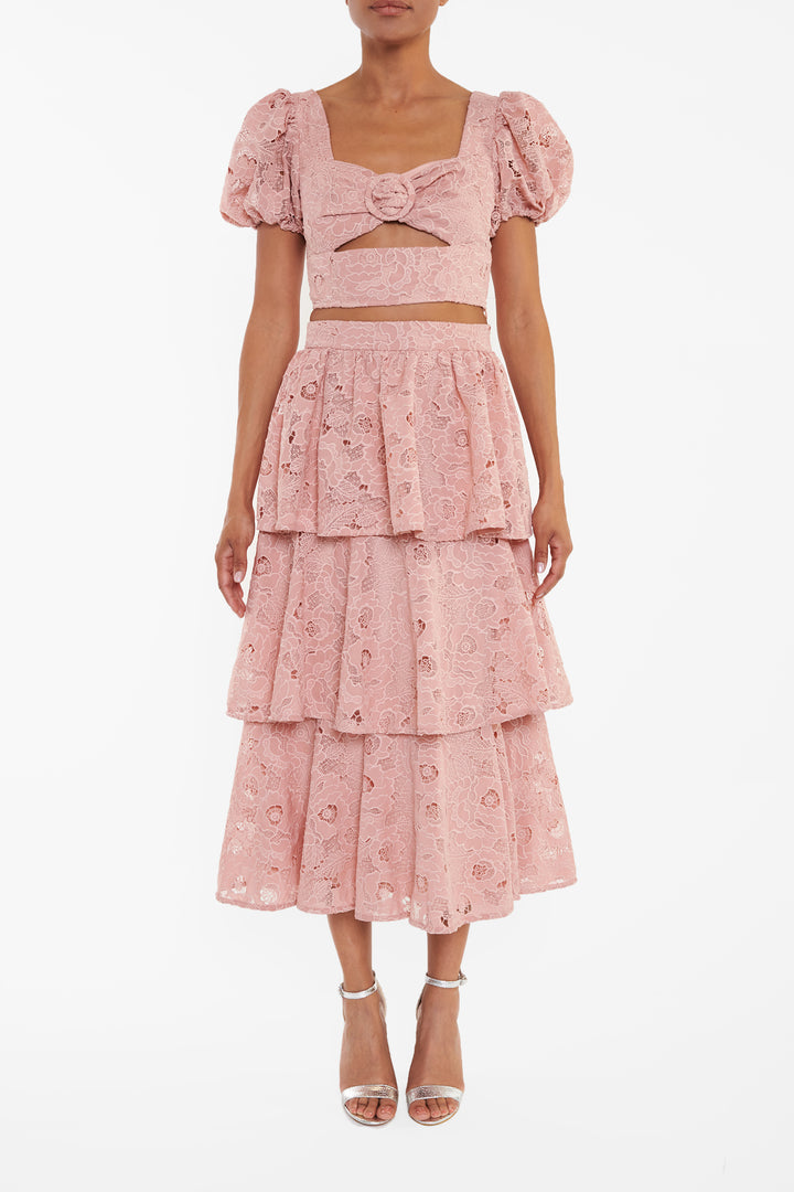 Rosalia Co-Ord Dusty Pink Cutwork Cut-Out Puff Sleeve Crop-Top