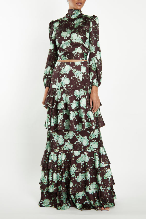 Lara Co-Ord Brown-Sage-Rose Ruffle Tiered High-Waisted Maxi-Skirt