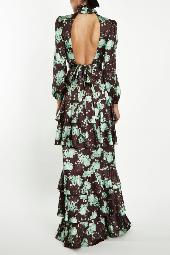 Lara Co-Ord Brown-Sage-Rose Ruffle Tiered High-Waisted Maxi-Skirt