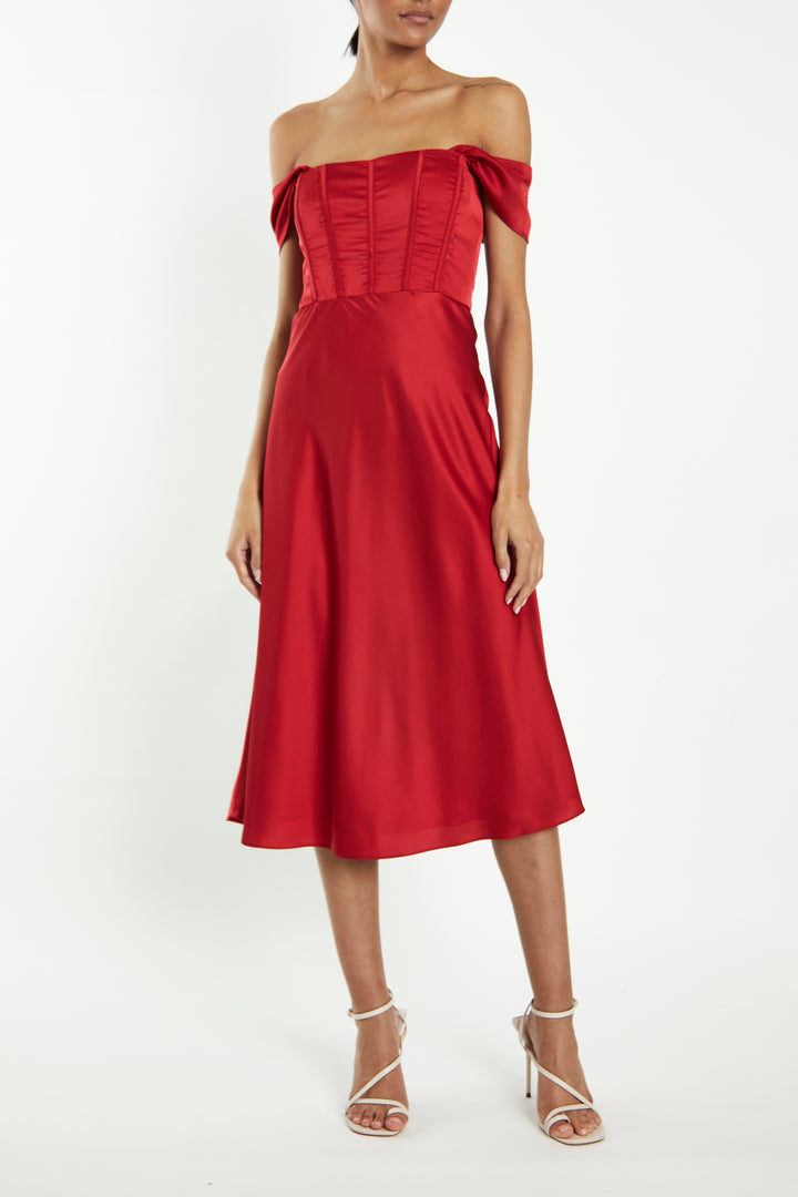Agatha Cherry-Red Satin Corset Midi Slip-Dress