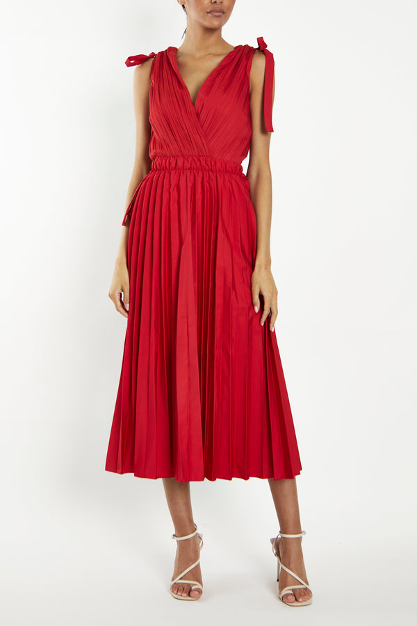 Gwyneth Cherry Red Pleated V-Neck Midi-Dress