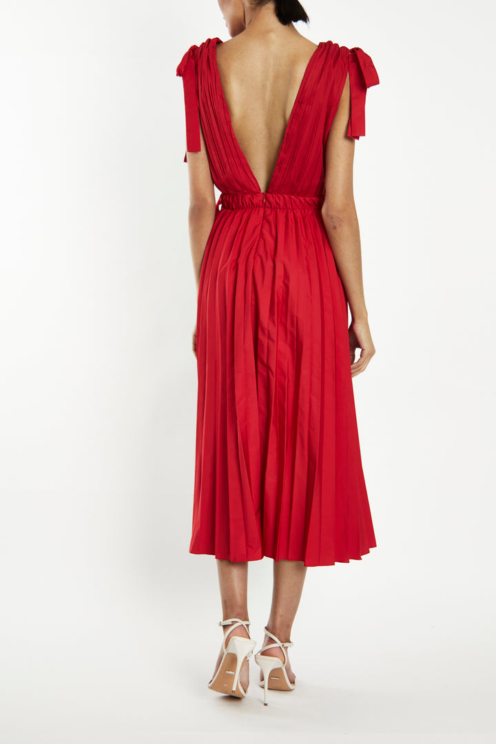 Gwyneth Cherry Red Pleated V-Neck Midi-Dress