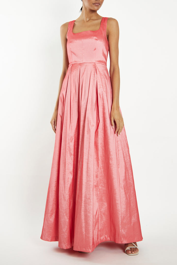 Audrey Coral Taffeta Square-Neck Maxi-Dress