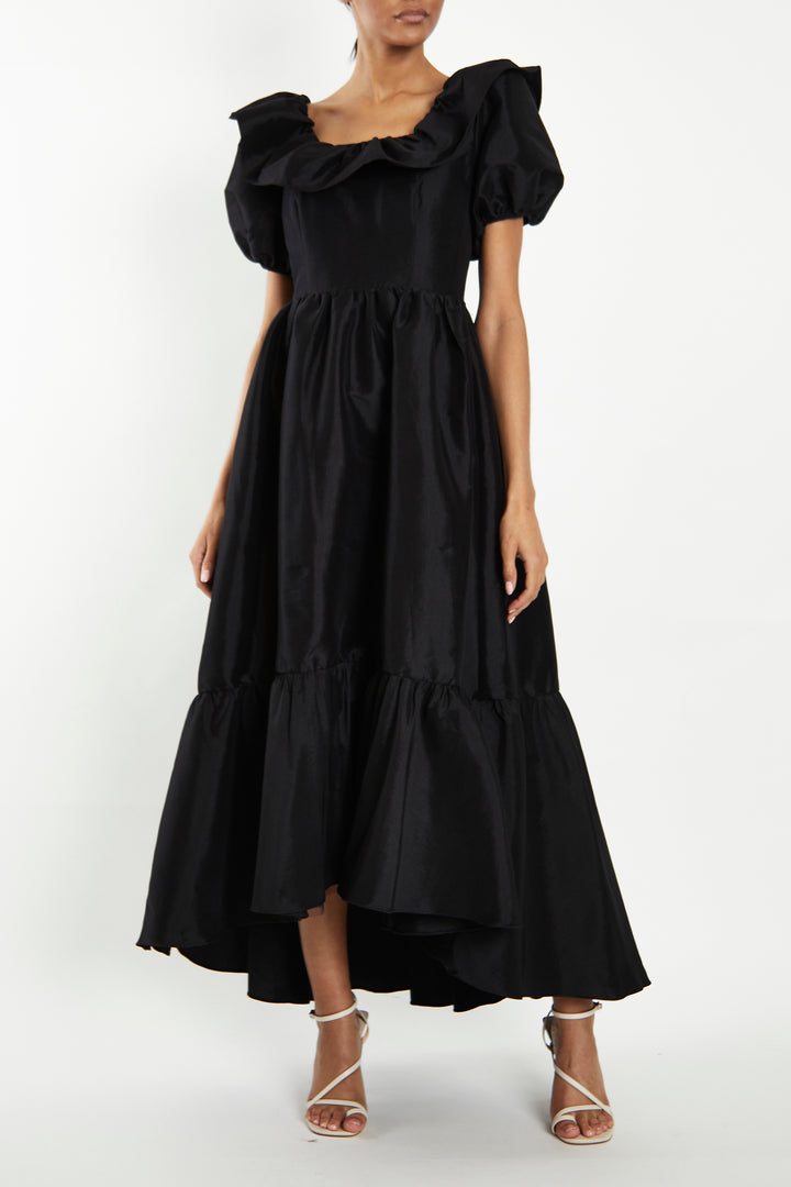 Reagan Black Taffeta Square-Neck Tiered Midaxi-Dress