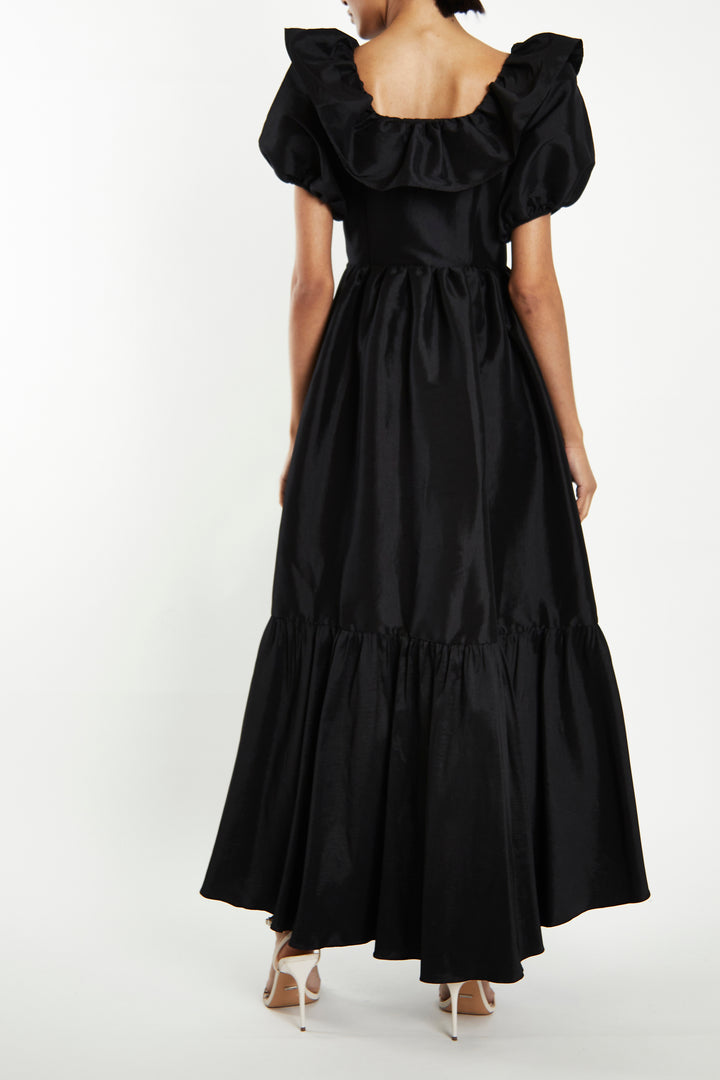 Reagan Black Taffeta Square-Neck Tiered Midaxi-Dress