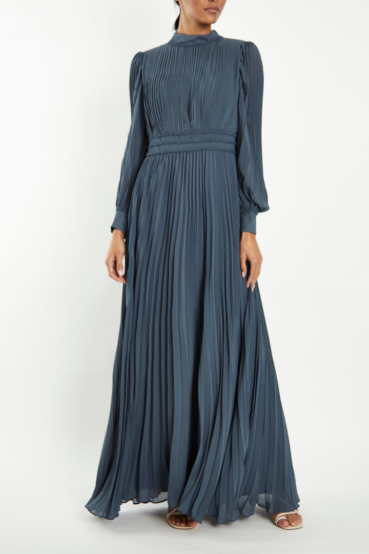 Maria Steel Blue Pleated Long-Sleeve Maxi-Dress