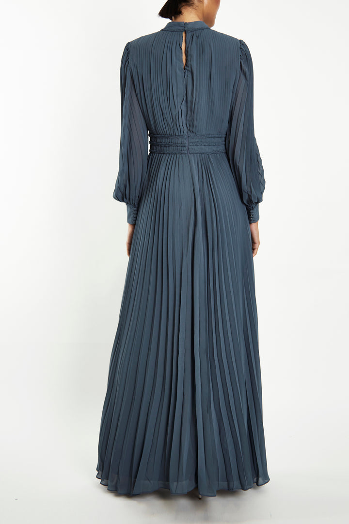 Maria Steel Blue Pleated Long-Sleeve Maxi-Dress