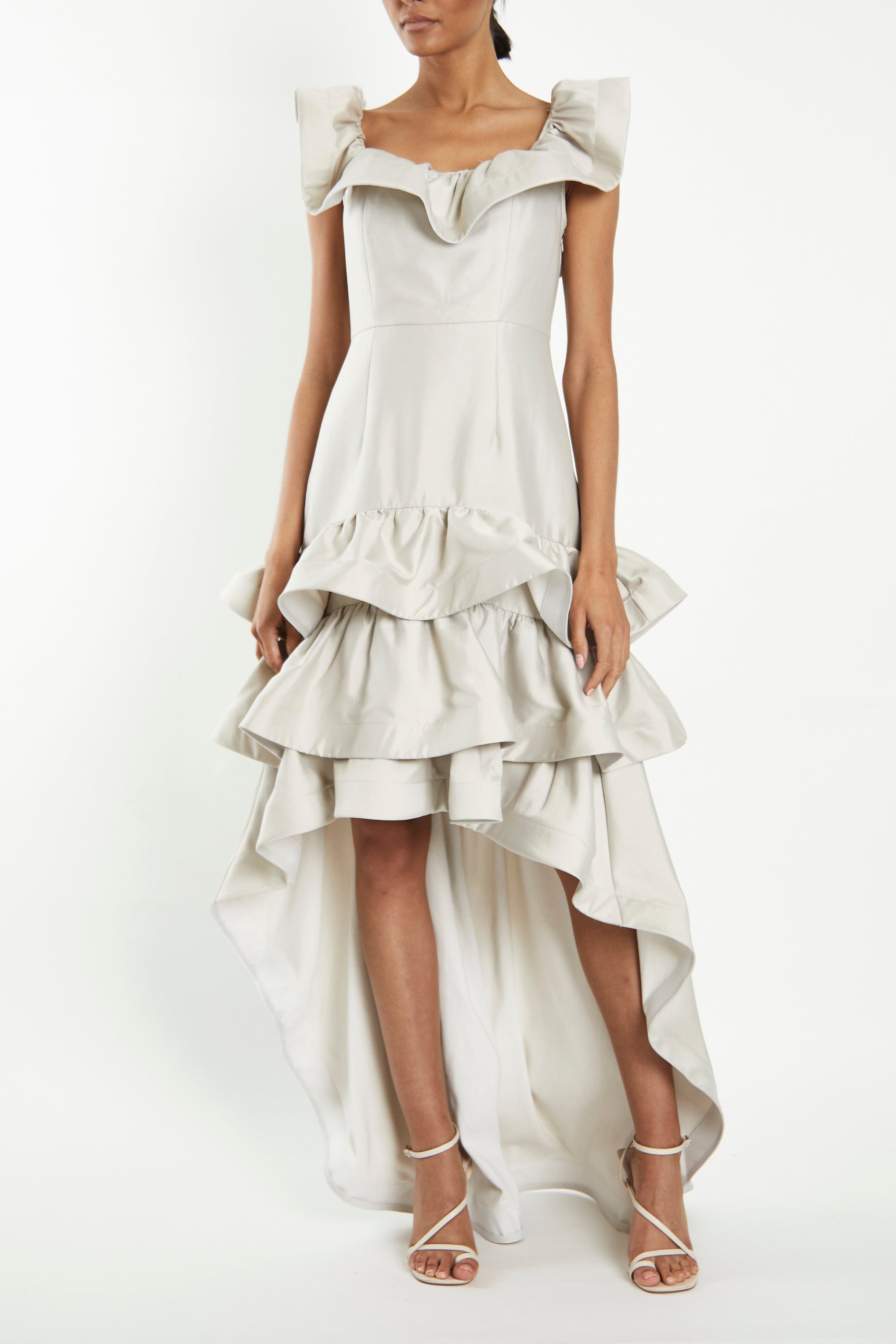 Florence Light Grey Waterfall Ruffle Maxi-Dress - 10 - True Decadence