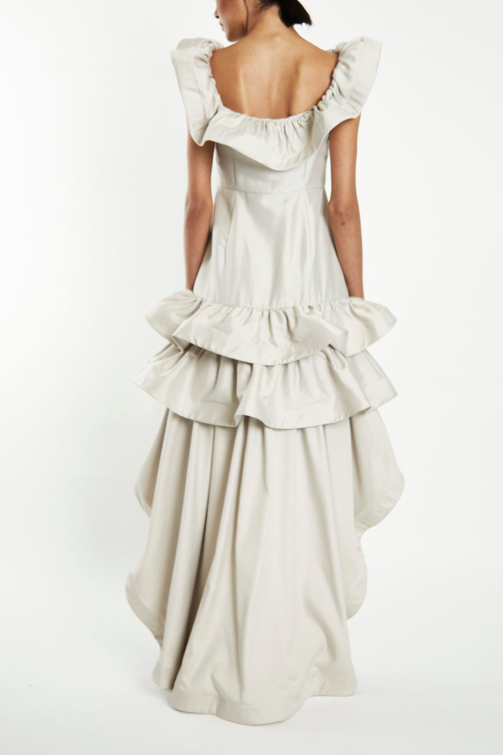 Florence Light Grey Waterfall Ruffle Maxi-Dress