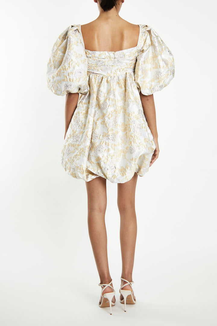 Faye Cream Metallic Floral Babydoll Mini-Dress
