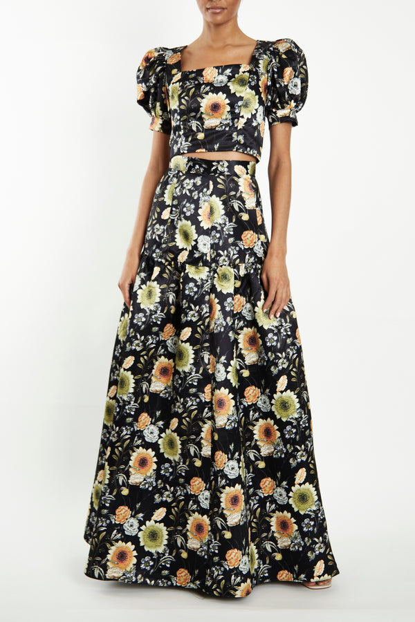Polly Co-Ord Black-Mustard-Flower High-Waisted Tiered Maxi-Skirt