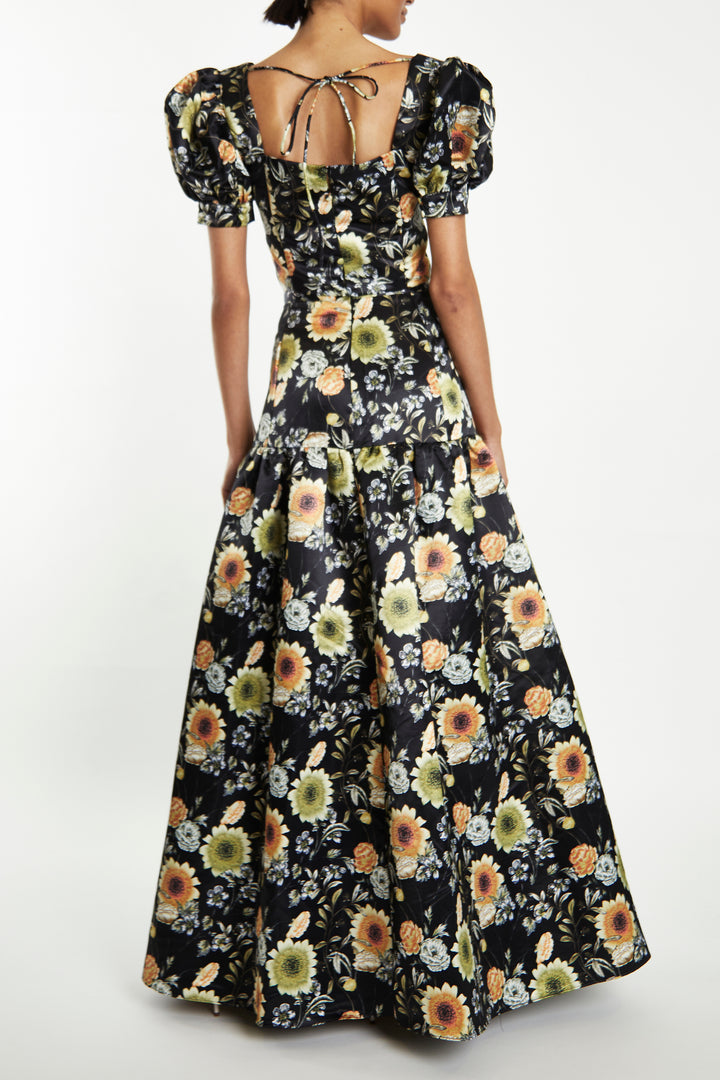 Polly Co-Ord Black-Mustard-Flower High-Waisted Tiered Maxi-Skirt