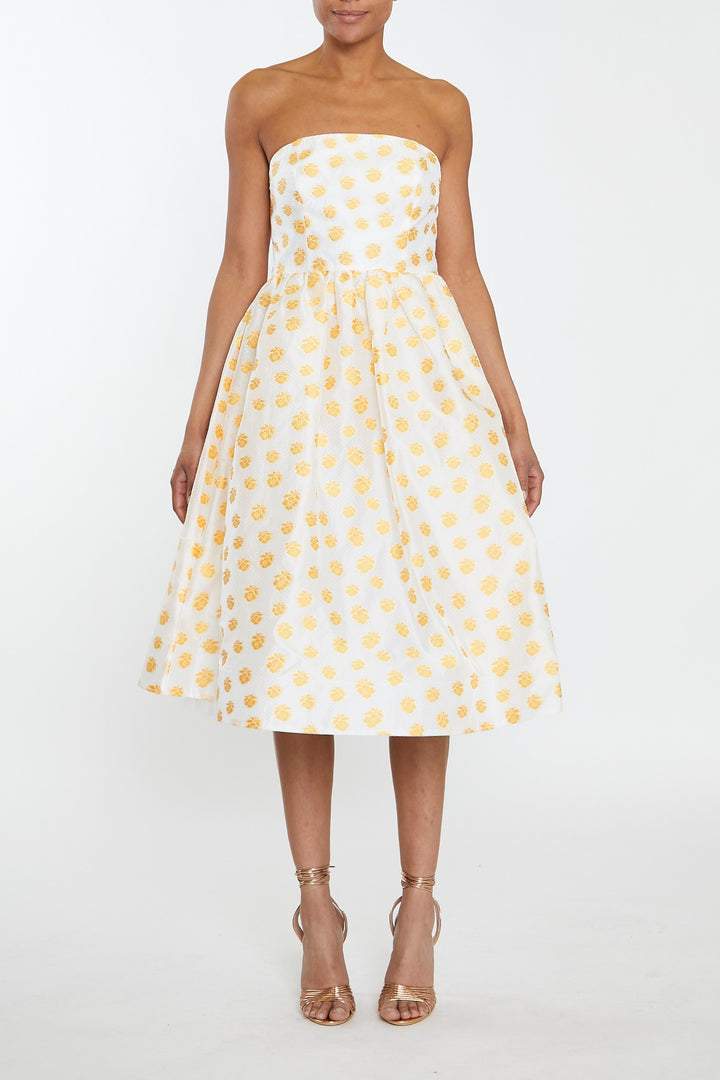 Sienna Cream-Mustard Jacquard Bandeau Midi Dress - True Decadence Sienna Cream-Mustard Jacquard Bandeau Midi Dress - True Decadence