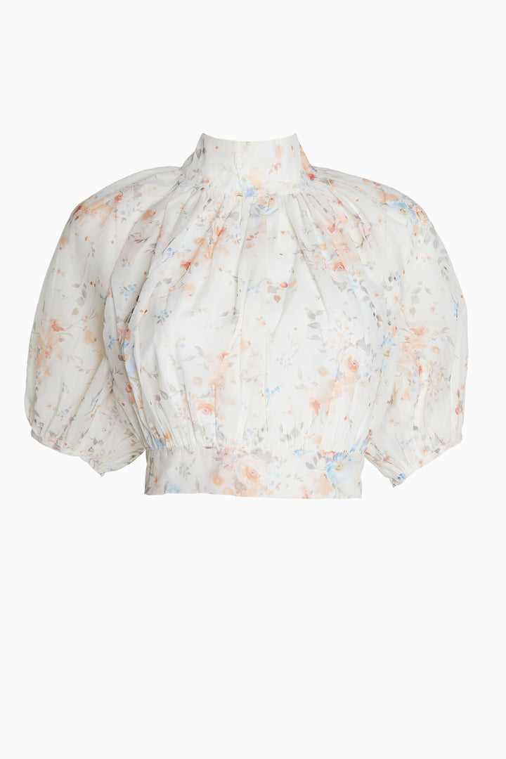 Harper Co-ord Cream Watercolour Organza Puff Sleeve Crop Top