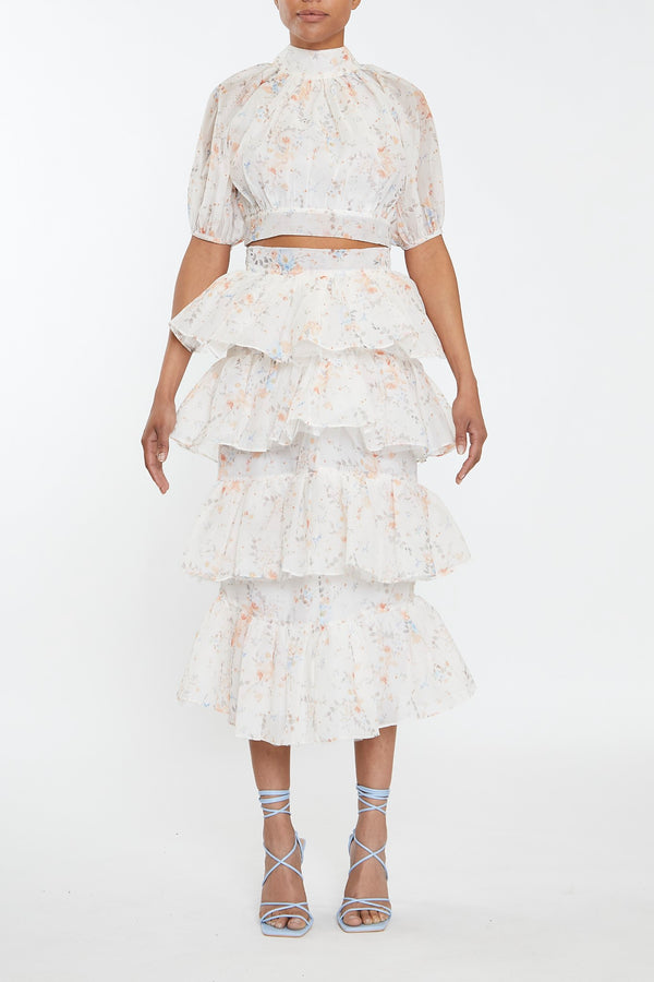 Harper Co-ord Cream Watercolour Organza Tiered Ruffle Midaxi Skirt
