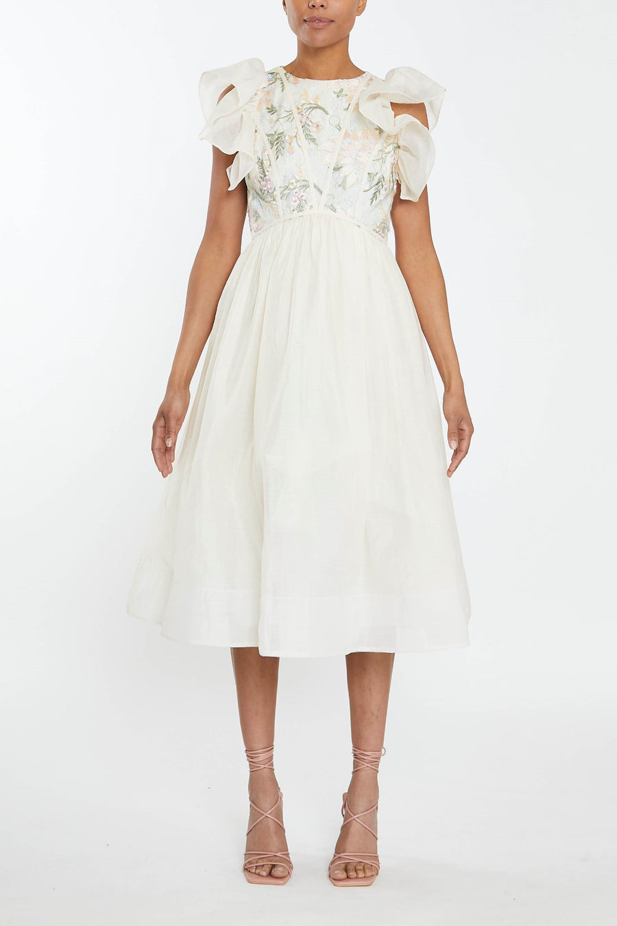 Millie Pastel Flower Lace Binding detail Ruffle Sleeves Midi Dress