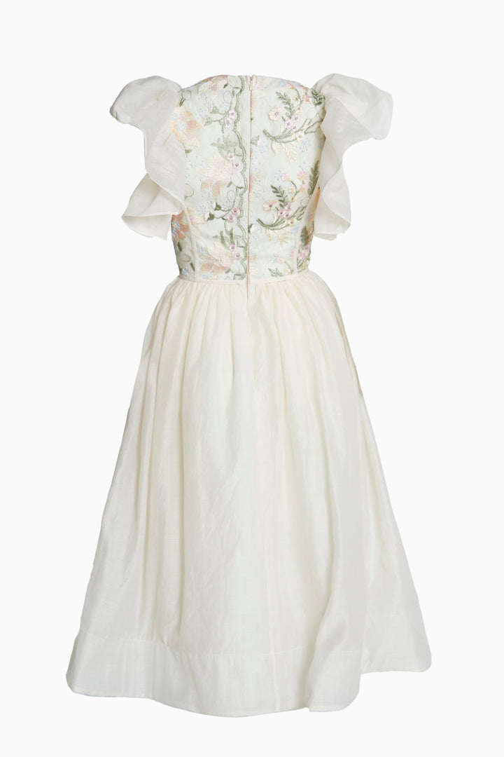 Millie Pastel Flower Lace Binding detail Ruffle Sleeves Midi Dress