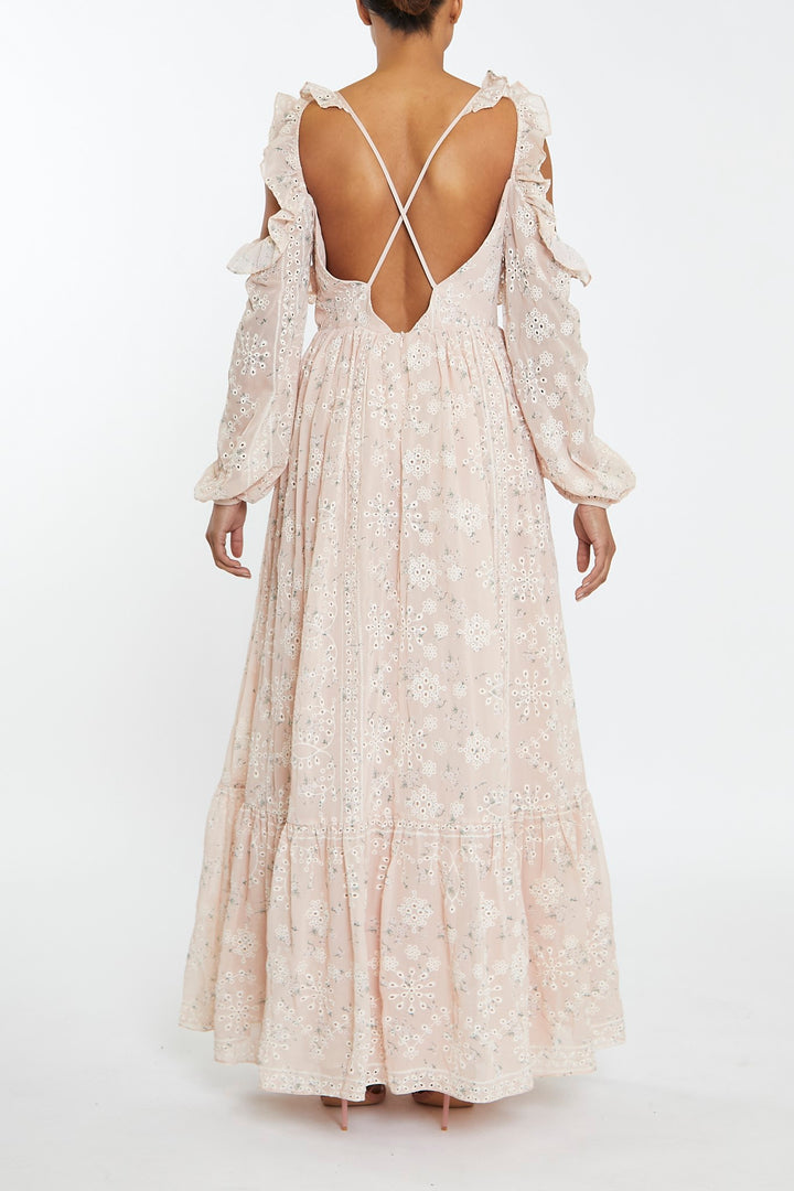 Margot Nude-Floral Broderie Cold Shoulder Ruffle Maxi-Dress