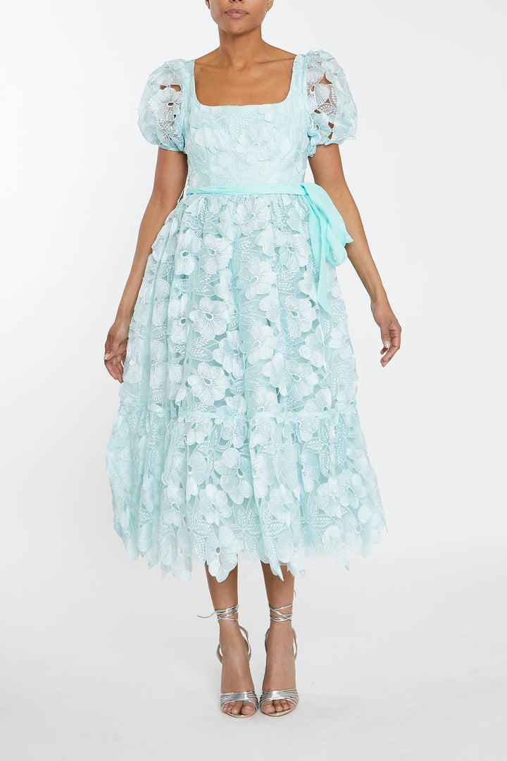 Alice Aqua Cutwork Organza Square-Neck Puff-Sleeve Peplum Midaxi-Dress