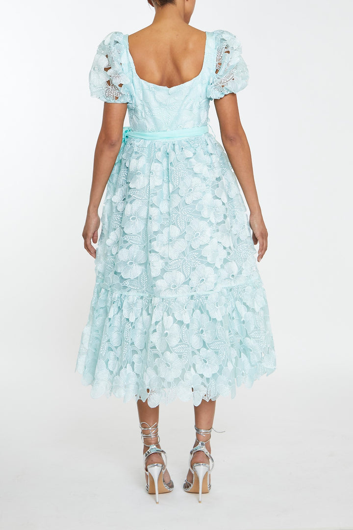 Alice Aqua Cutwork Organza Square-Neck Puff-Sleeve Peplum Midaxi-Dress