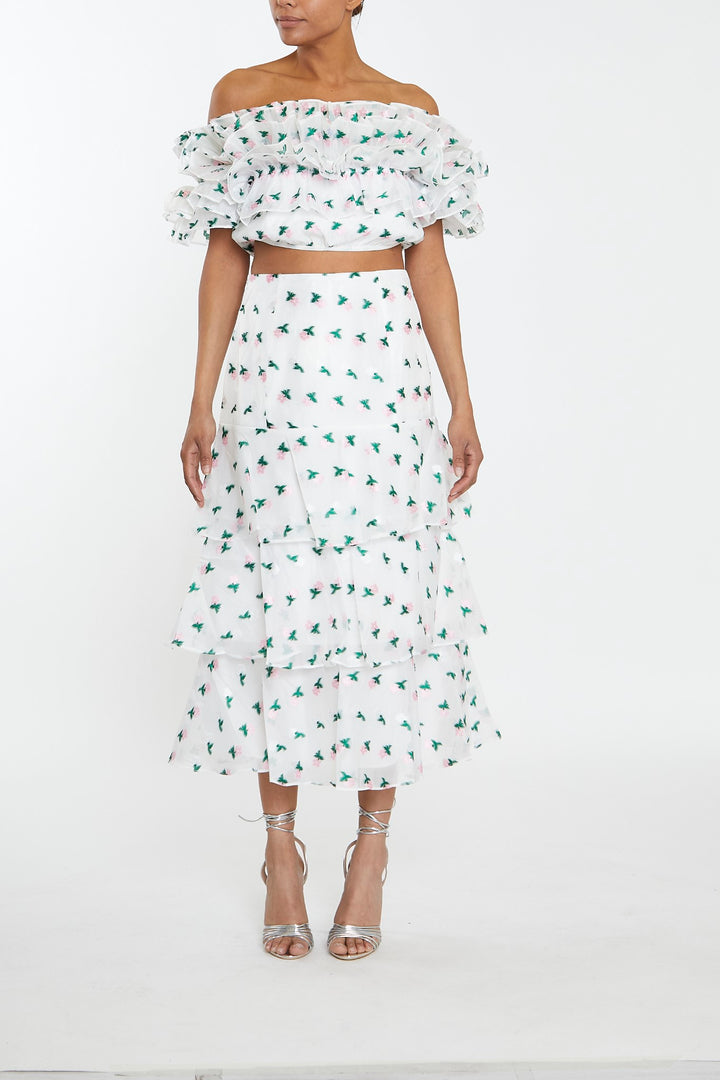 Scarlett Co-Ord White-Pink Floral Organza Bardot Ruffle Crop Top