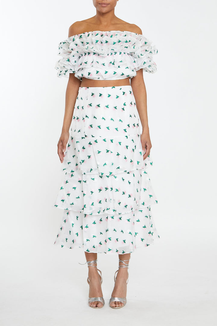 Scarlett Co-ord White-Pink Floral Organza Tiered Ruffle Midi Skirt