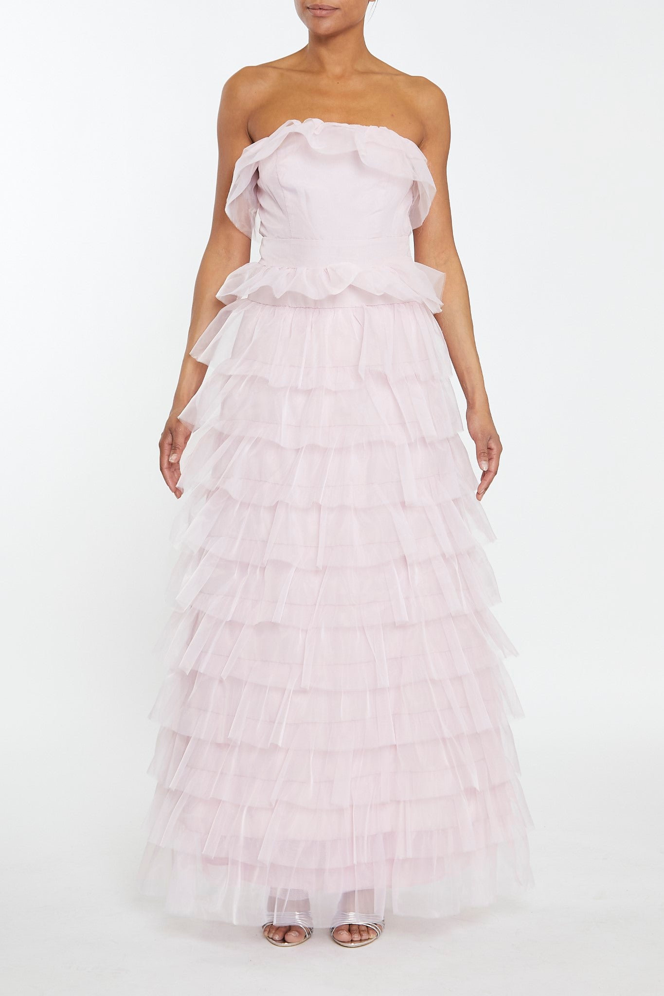 bandeau ruched ruffle trim maxi dress in blush Bandeau Ruched Ruffle-Trim Maxi Dress in Blush