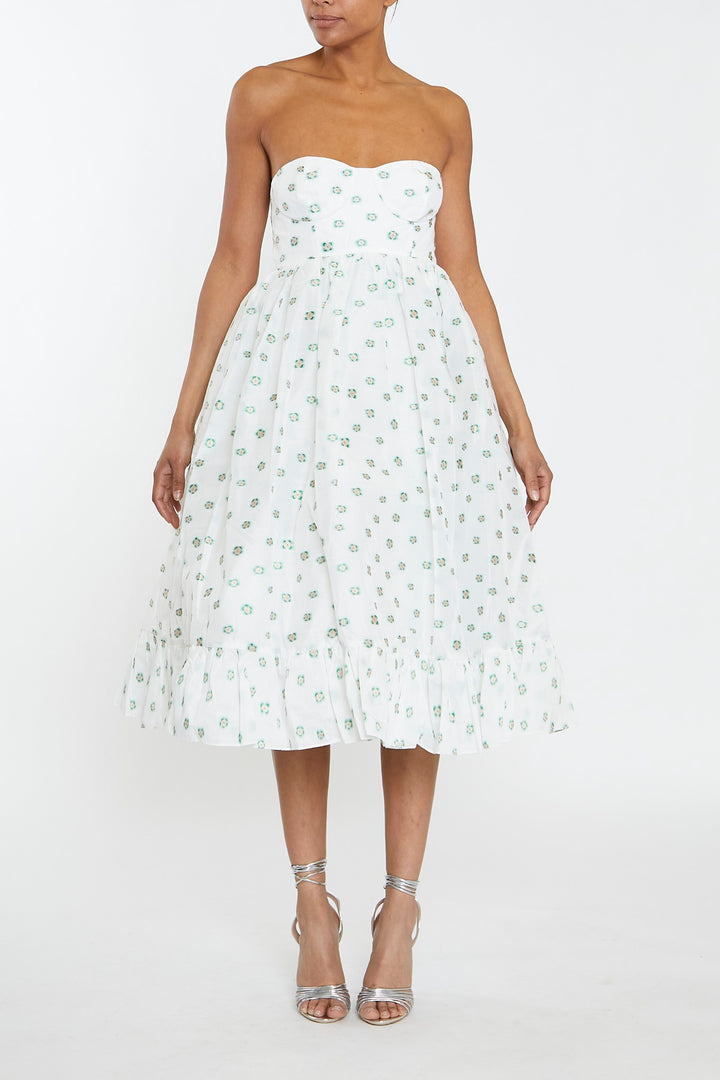 Chloe White-Green Organza Bandeau Ruffle Hem Midi-Dress