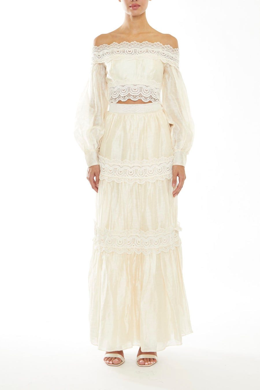 Faith Co-Ord Pale Stone Lace-Trim Bardot Crop-Top
