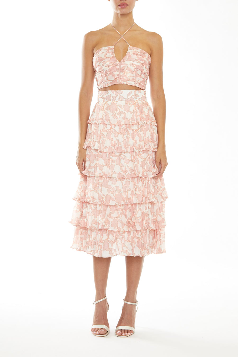 Zara Co-Ord Cream-Pink Outline Flower Ruched Halterneck Crop-Top