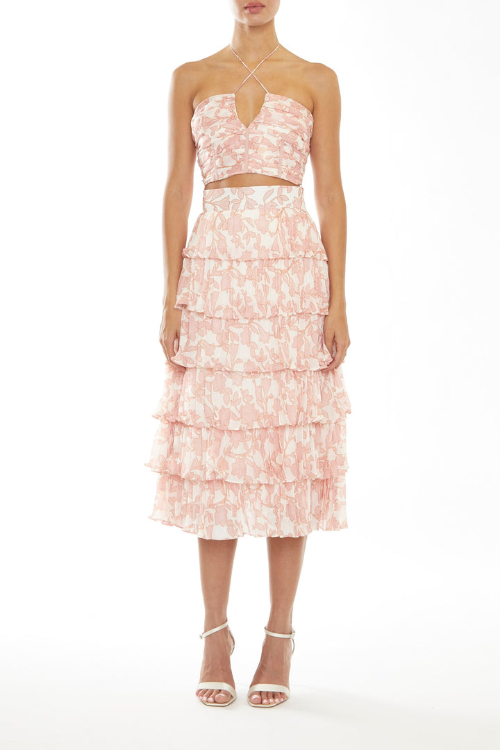 Zara Co-Ord Cream-Pink Outline Flower Tiered Pleated Midi Skirt