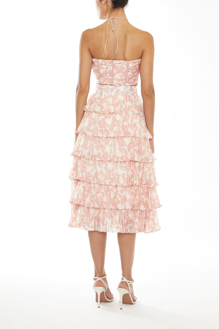 Zara Co-Ord Cream-Pink Outline Flower Tiered Pleated Midi Skirt