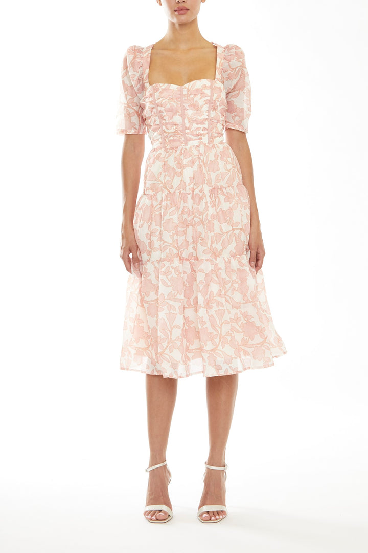 Nora Cream-Pink Outline Flower Tiered Lace-up Back Midi-Dress