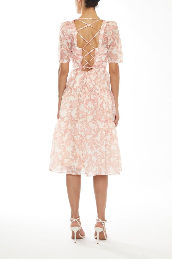 Nora Cream-Pink Outline Flower Tiered Lace-up Back Midi-Dress