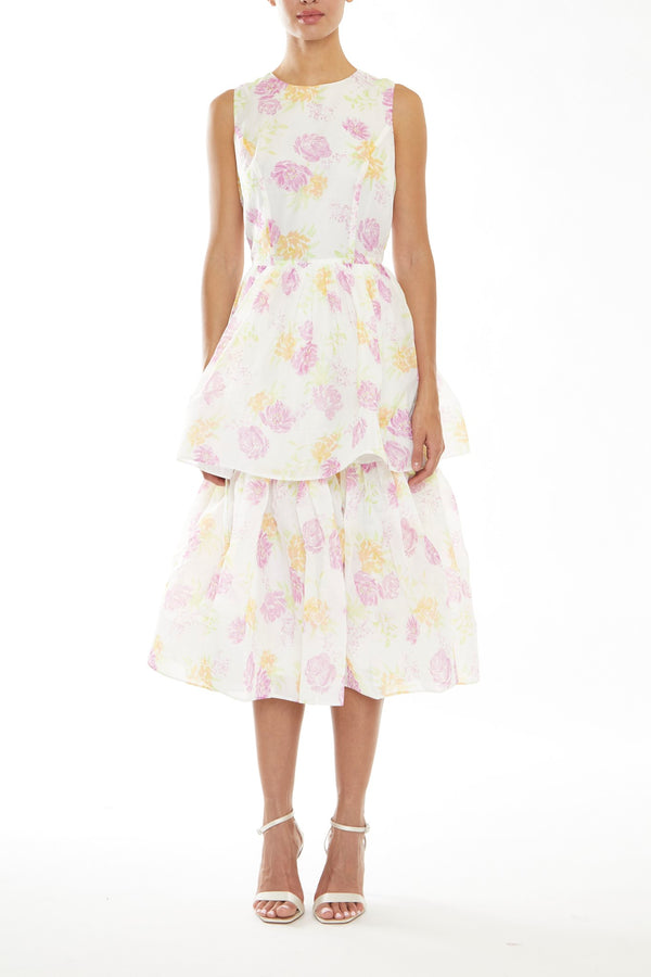 Quinn Bright-Pastel Floral Sleeveless Tiered Midi-Dress