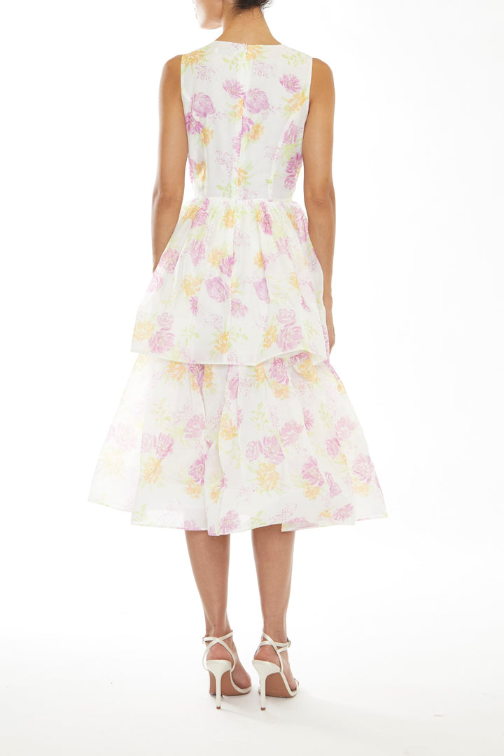 Quinn Bright-Pastel Floral Sleeveless Tiered Midi-Dress