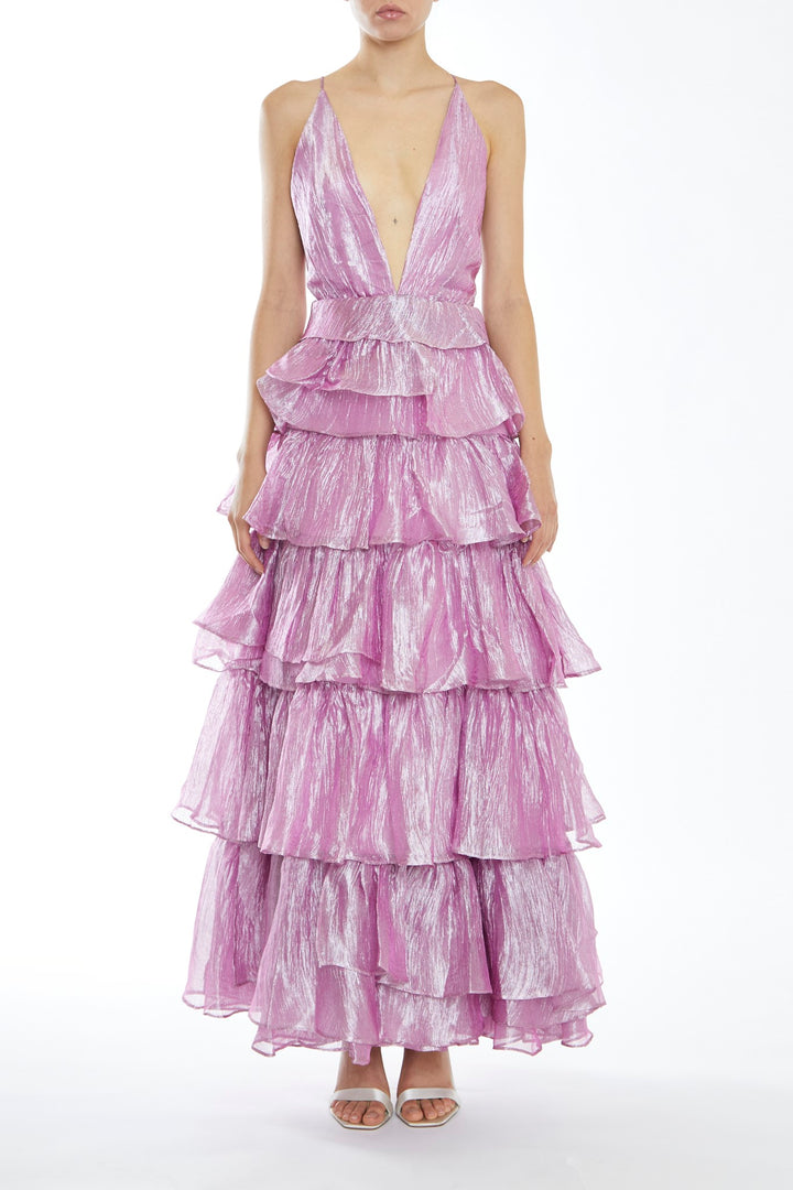 Nova Pink Metallic Pleated Tiers Plunging Maxi-Dress