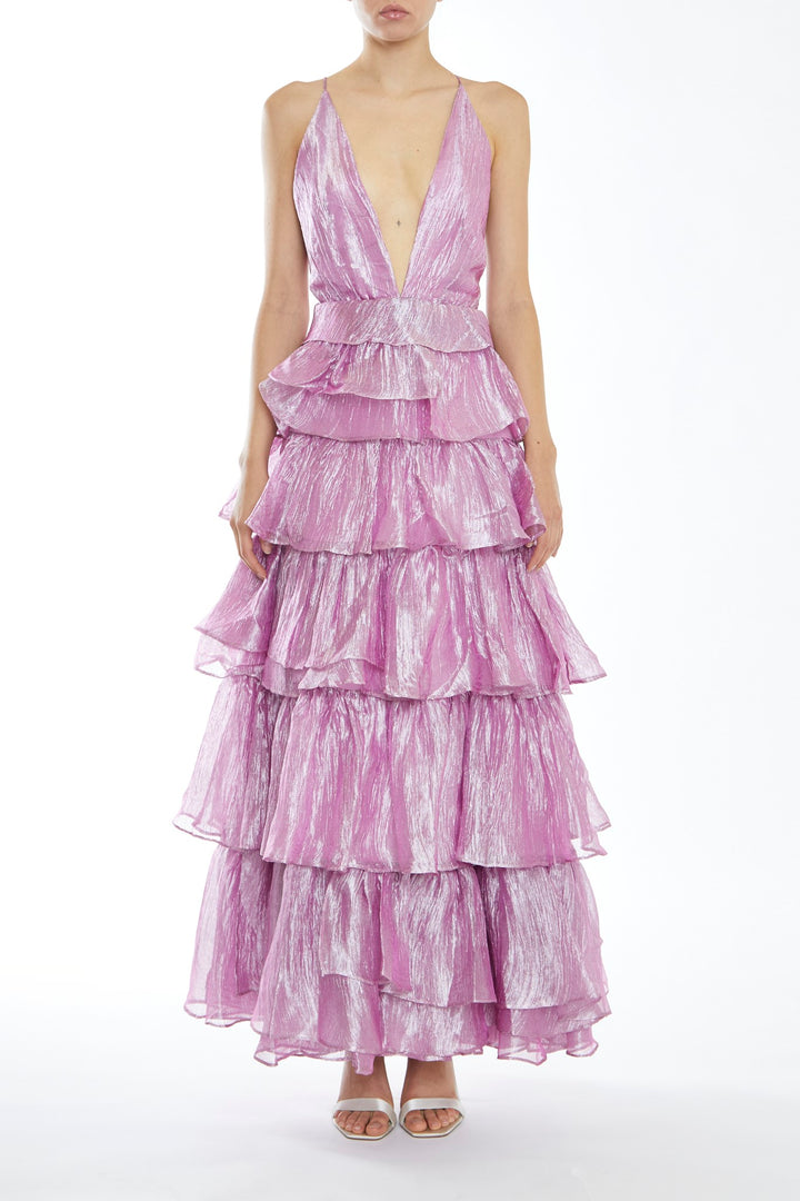 Nova Pink Metallic Pleated Tiers Plunging Maxi-Dress - True Decadence Nova Pink Metallic Pleated Tiers Plunging Maxi-Dress - True Decadence