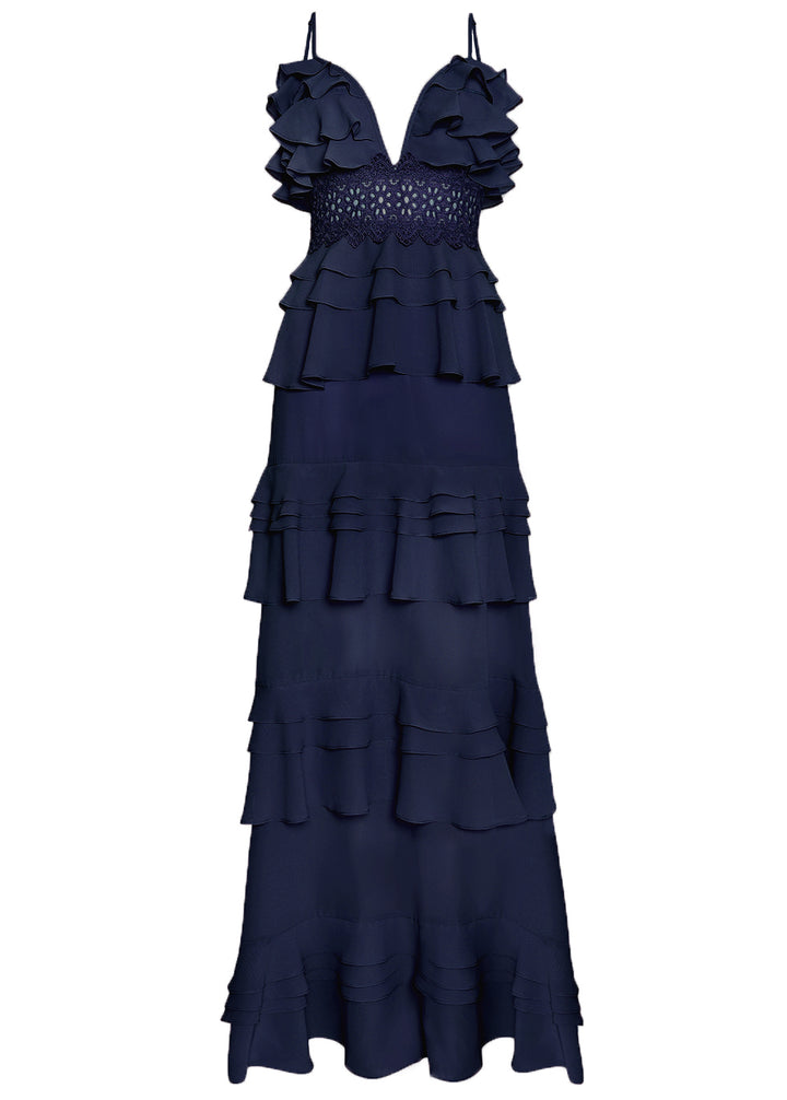 Sophia Navy Deep Plunge Layered Ruffle Maxi Dress