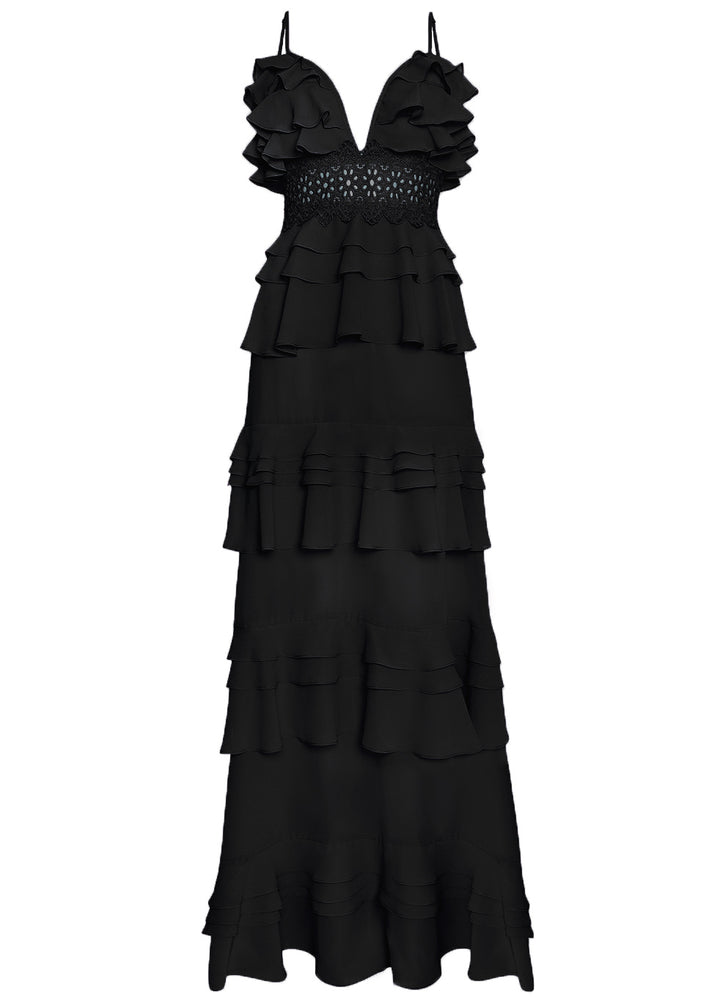 Sophia Black Plunge Front Tiered Ruffle Maxi-Dress